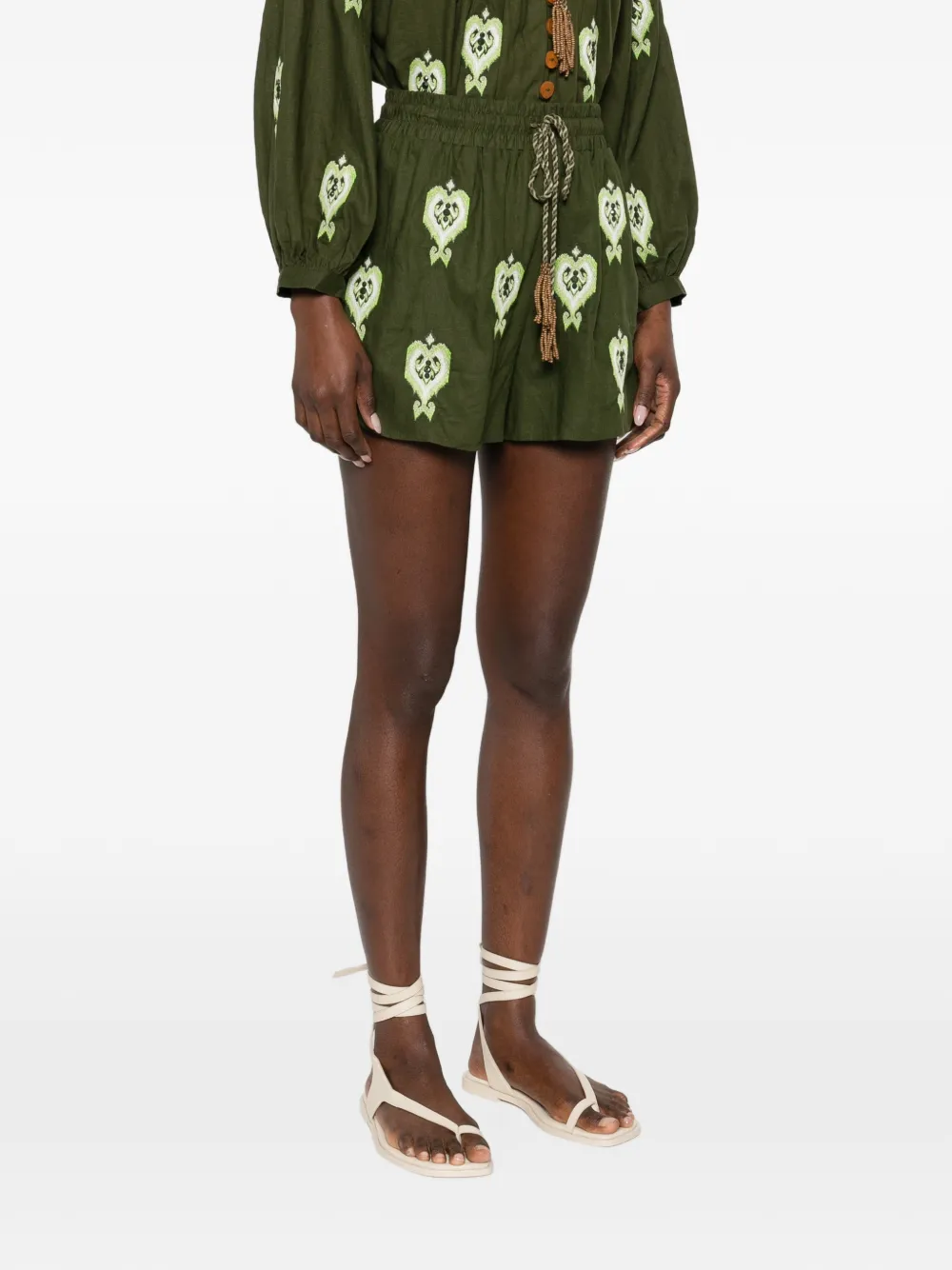  Farm Rio Embroidered Drawstring Shorts - Green 