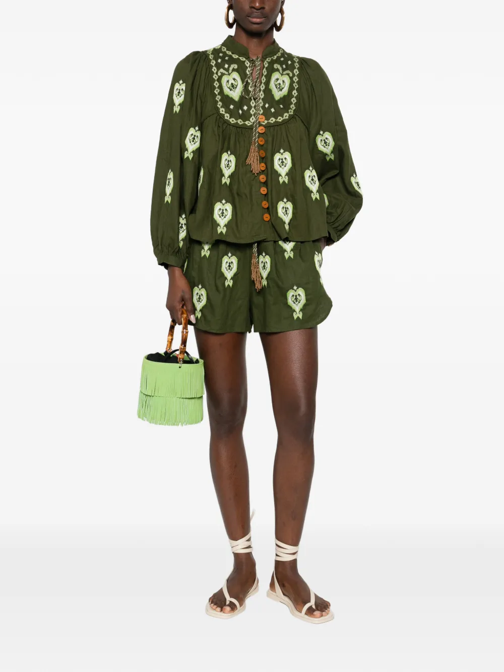  Farm Rio Embroidered Drawstring Shorts - Green 