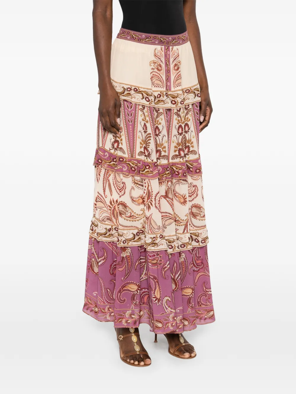  Farm Rio Paisley Tiered Maxi Skirt - Purple 