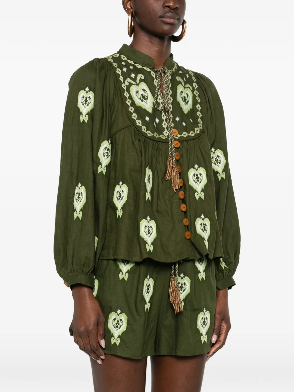 FARM Rio Blouse met borduurwerk en kwastje Groen
