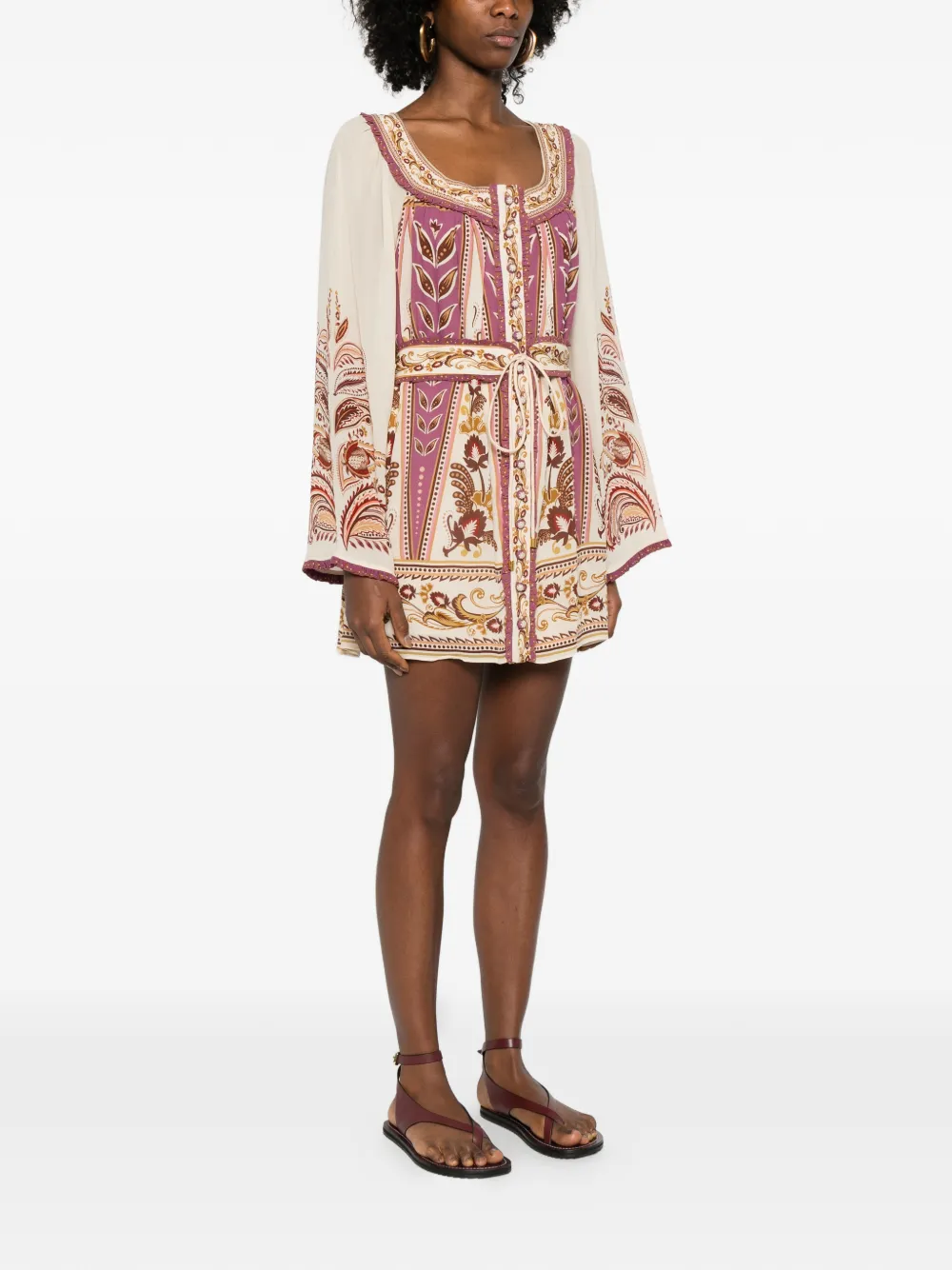 FARM Rio Mini-jurk met gestrikte taille en bloemenprint Beige