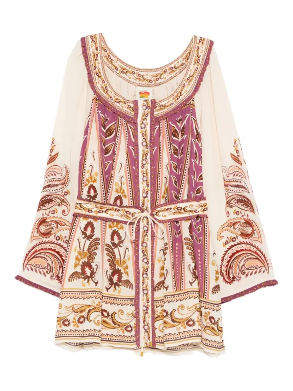 beige ainika floral ruffle mini dress FARM Rio Delicate long-sleeve Belted | Neutrals Okinawa prefecture