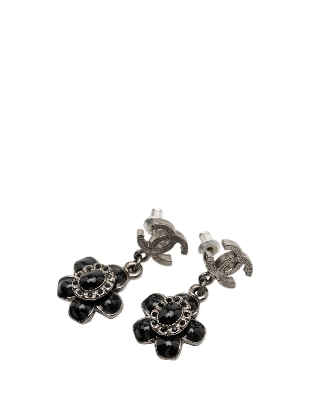 CHANEL Pre-Owned 2009 CC Silver Plated Enamel Flower Drop Earrings costume earrings - Nero