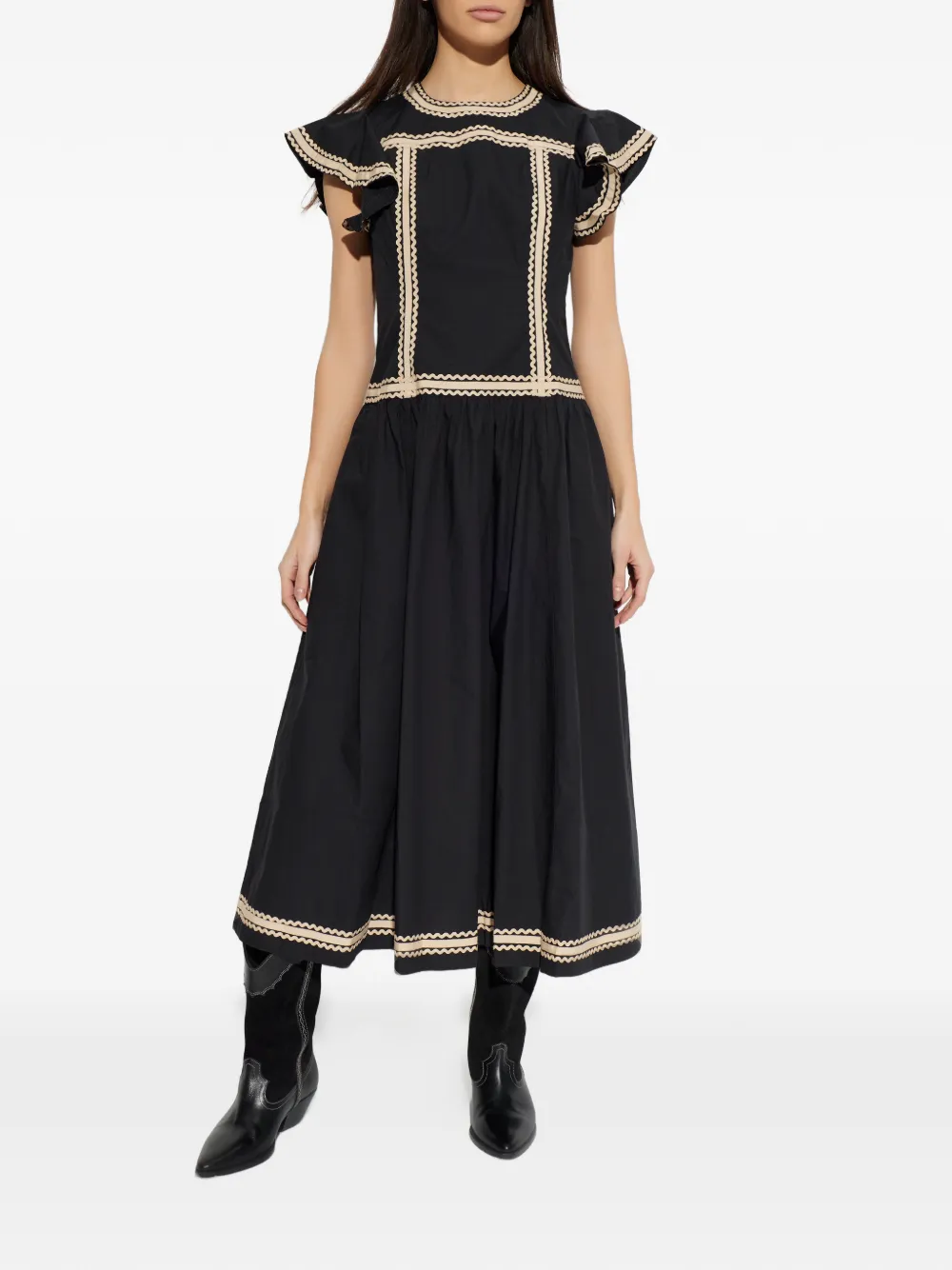 Ruffled-Trim Midi Dress
