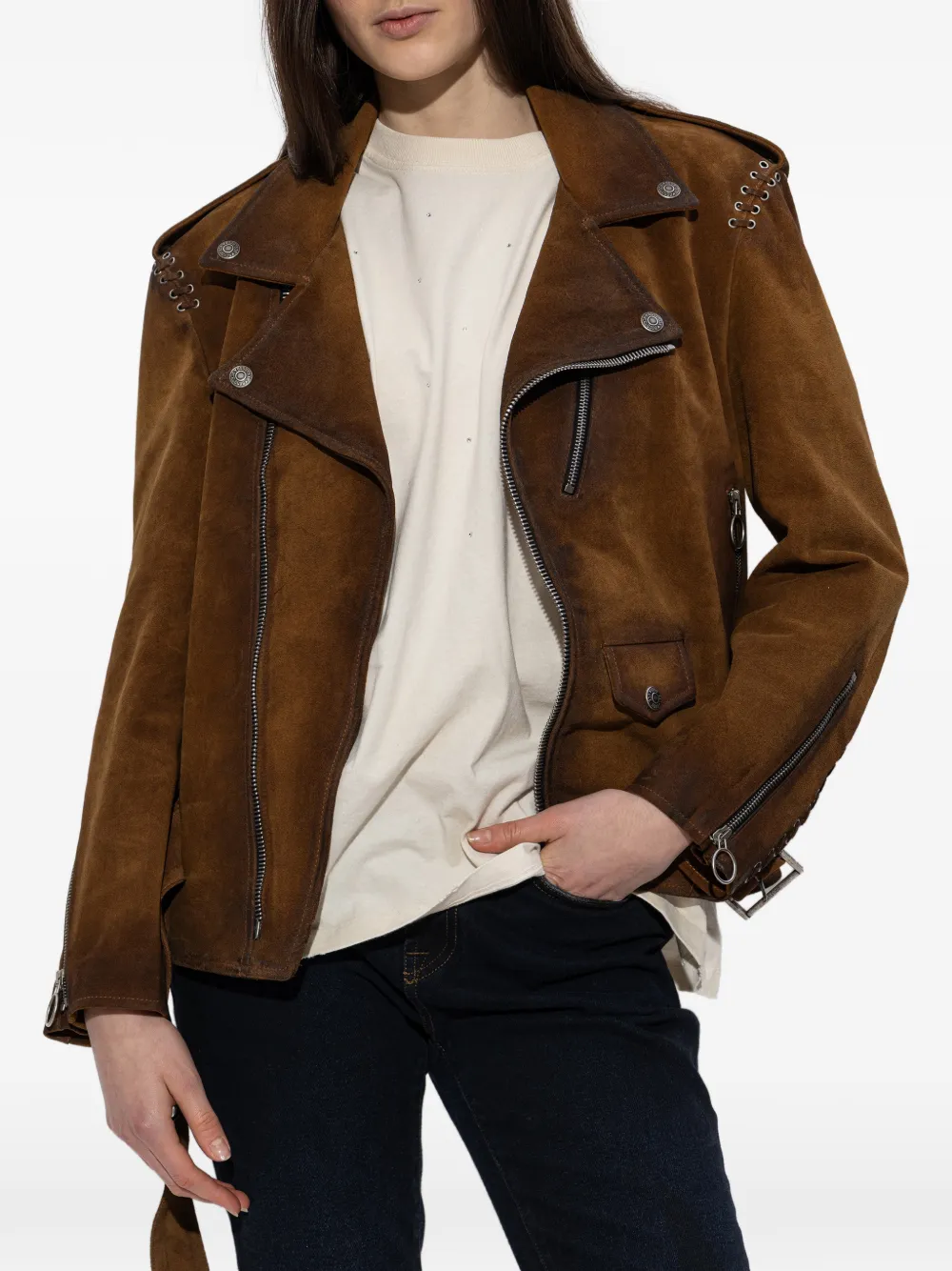 Golden Goose Leren jack met ceintuur en ringlets Bruin