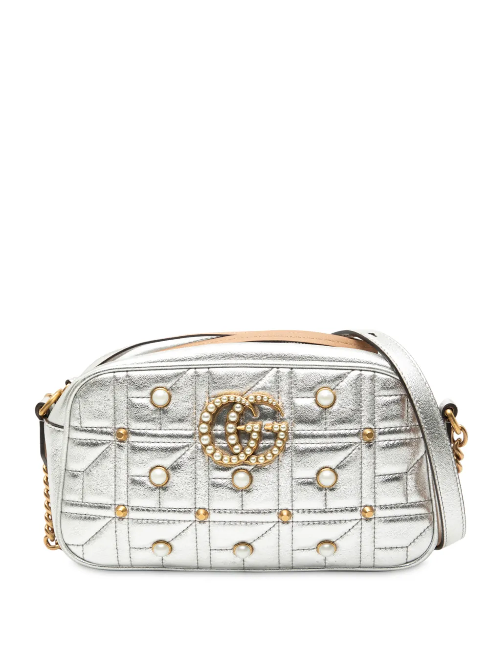 Gucci Pre-Owned 2016-2025 Small GG Marmont Pearl Studded Matelasse Leather Aria crossbody bag - Argento