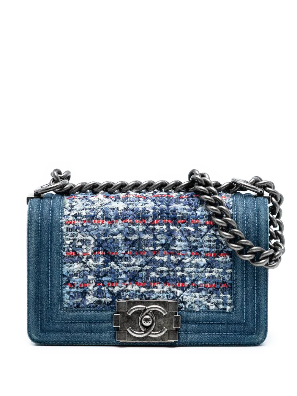 CHANEL Pre-Owned 2014 Small Quilted Denim and Tweed Boy Flap crossbody bag - Blu