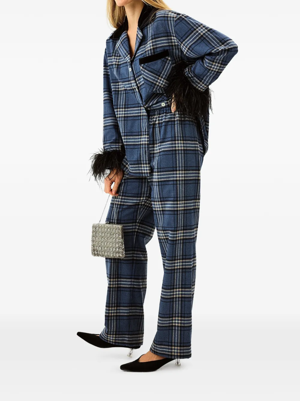 Sleeper Checked Feather-trimmed Pajama - Blue 