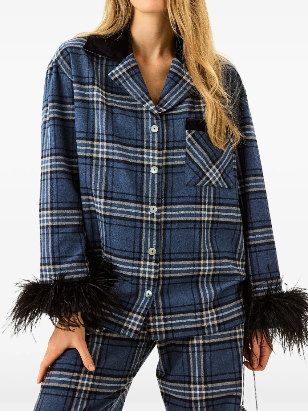 Sleeper Geruite pyjama met veren afwerking Blauw