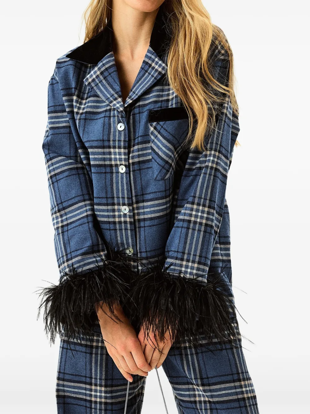Sleeper Geruite pyjama met veren afwerking Blauw