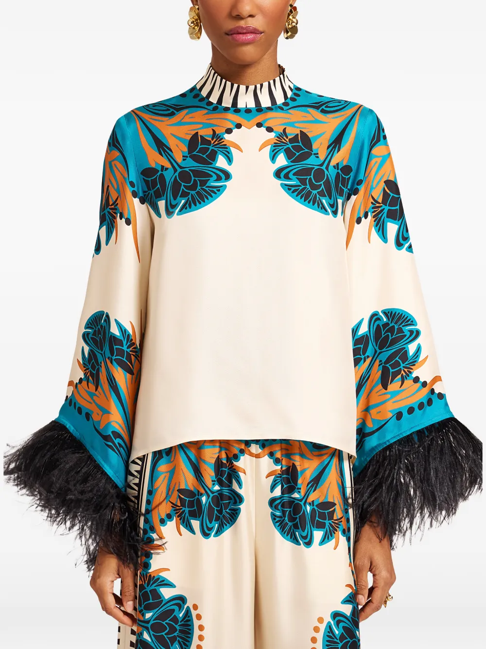 La DoubleJ Zijden blouse met veren Beige