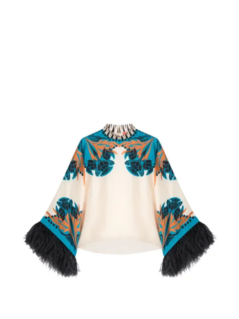 La DoubleJ floral feather silk blouse