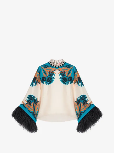 La DoubleJ floral feather silk blouse