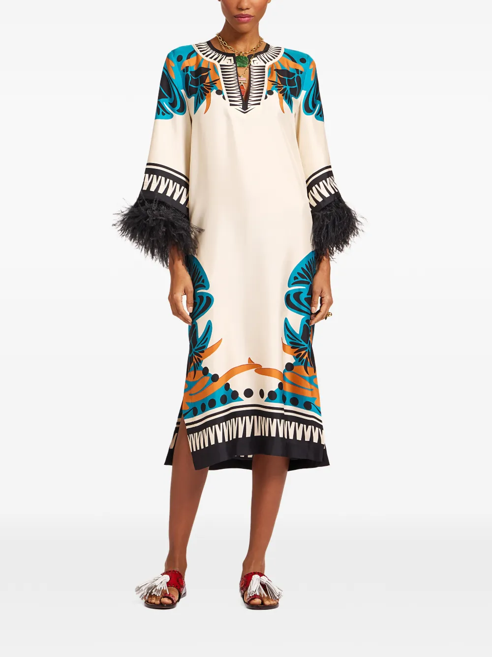 La DoubleJ Tuniek met bloemenprint en veren Beige