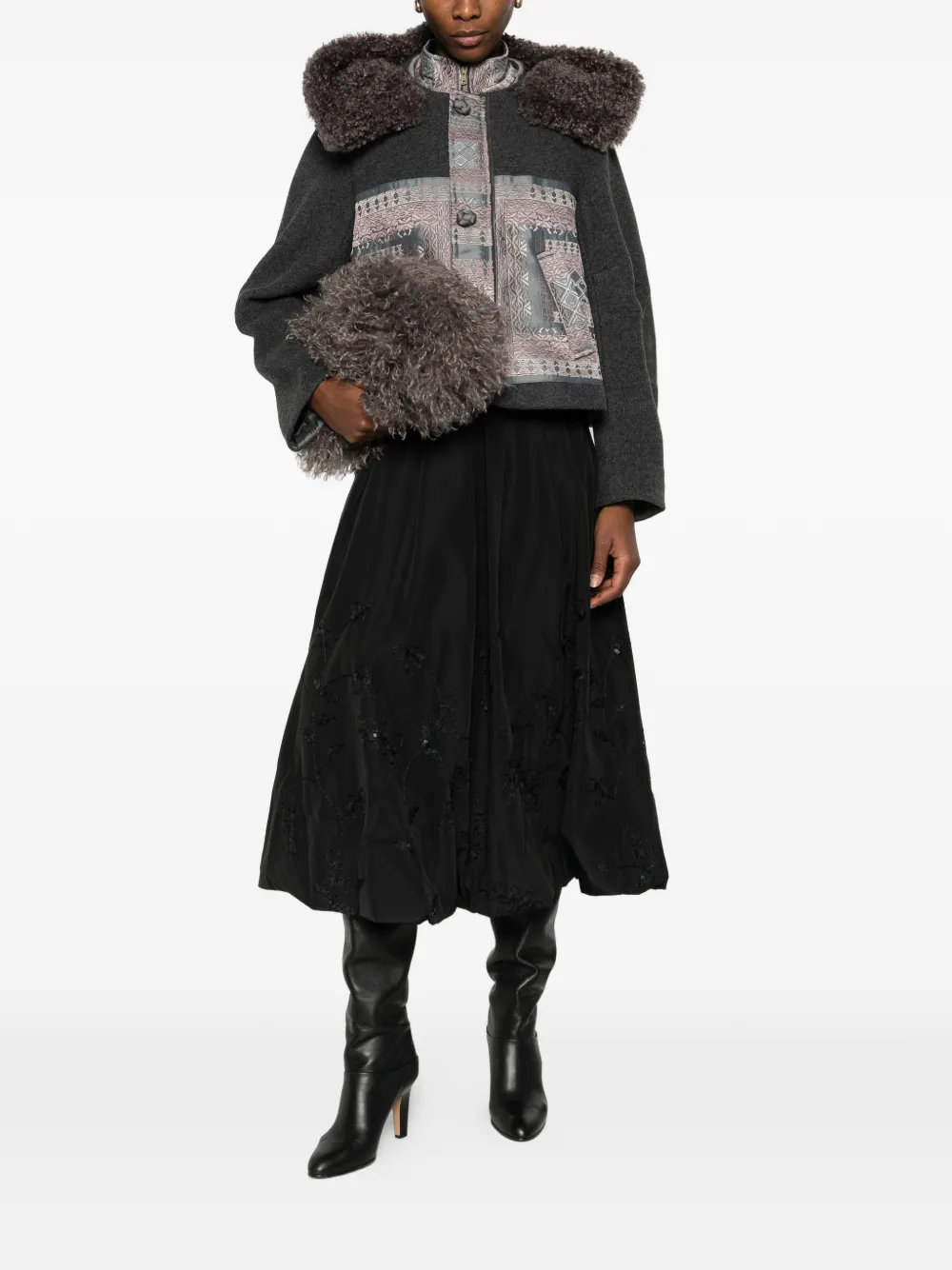  Hui Milano Fur-collar Patterned Jacket - Grey 
