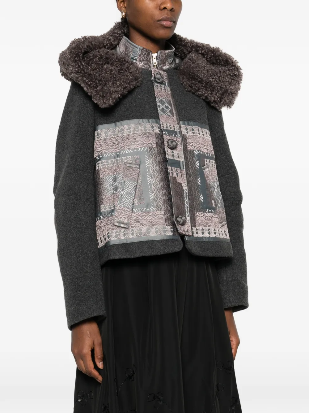  Hui Milano Fur-collar Patterned Jacket - Grey 