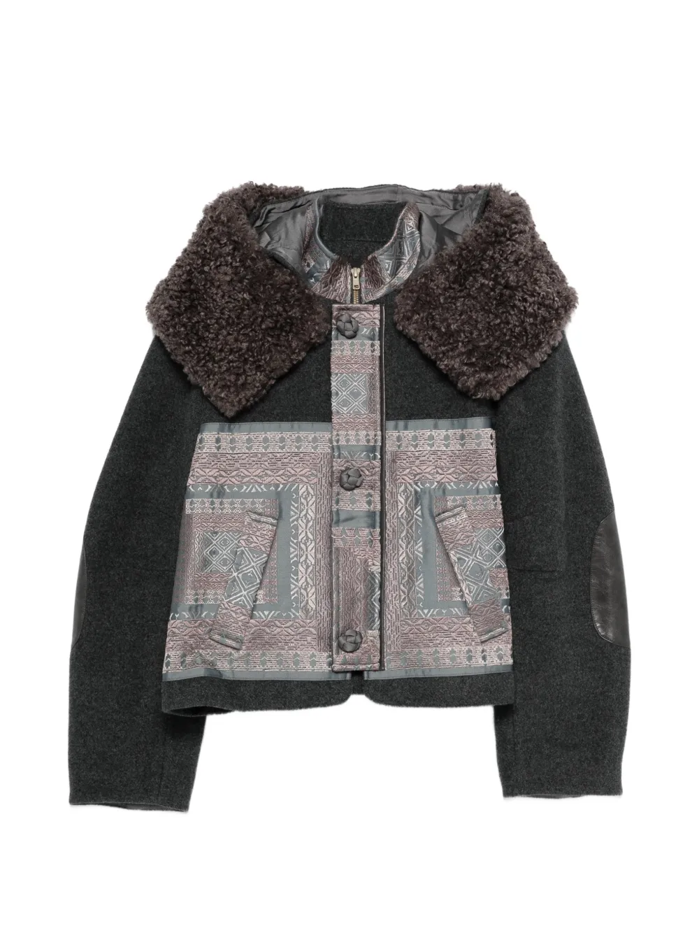 HUI MILANO fur-collar patterned jacket - Grigio