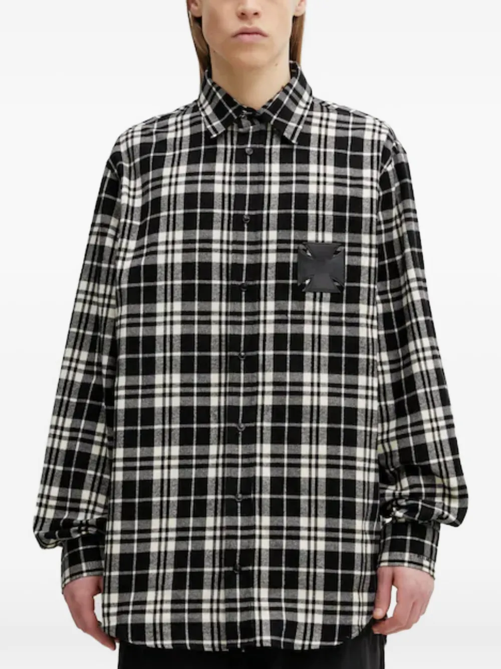  Vetements Leather Cross-patch Checked-pattern Flannel Cotton Shirt - Black 