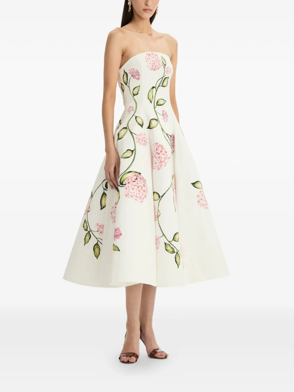 Flower-Print Strapless Cotton Midi Dress