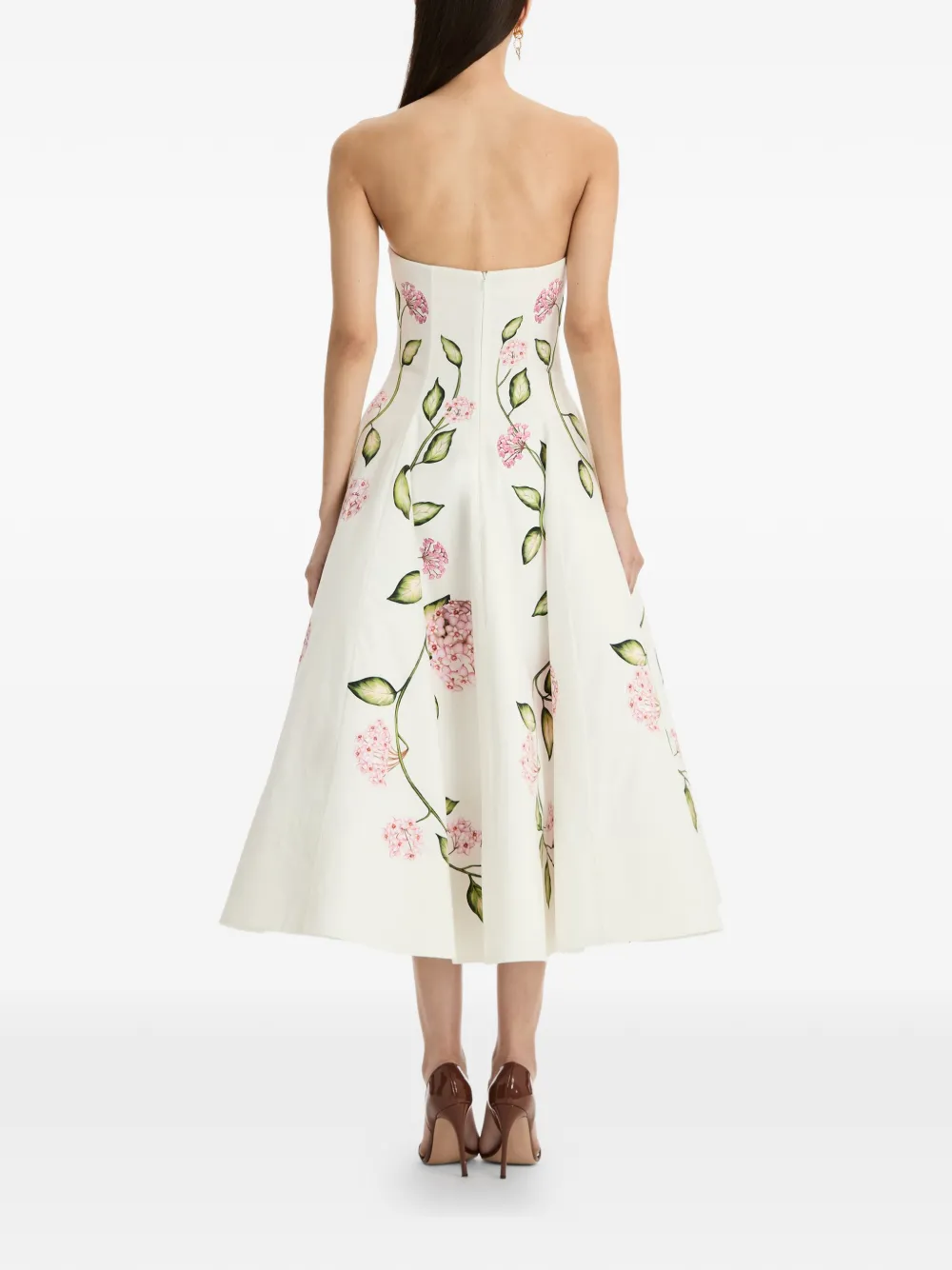 Flower-Print Strapless Cotton Midi Dress