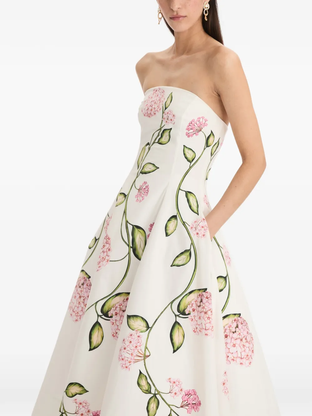 Flower-Print Strapless Cotton Midi Dress