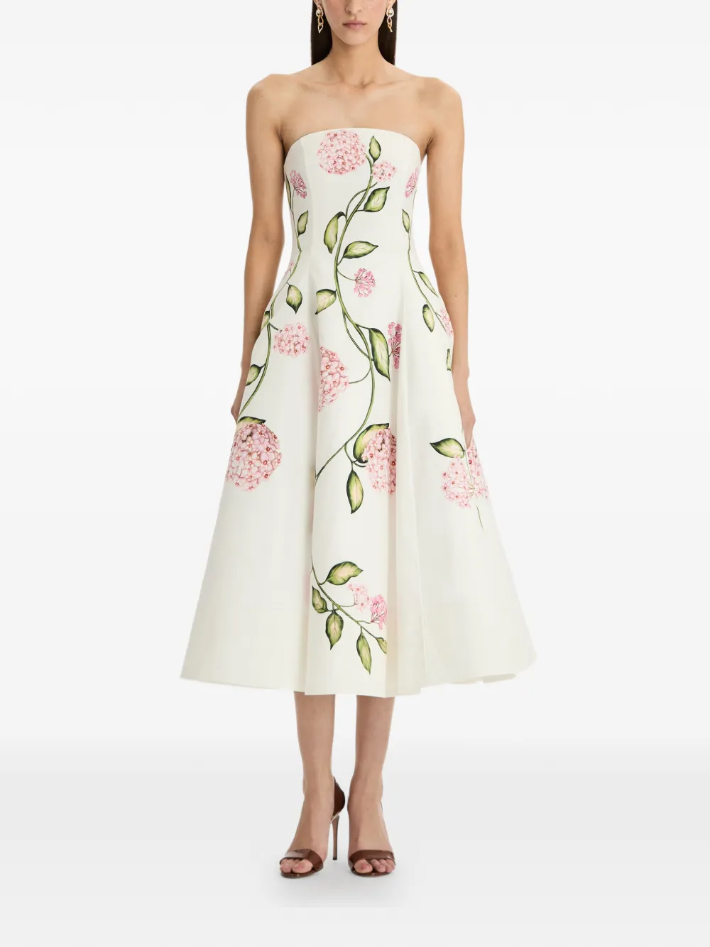 Flower-Print Strapless Cotton Midi Dress