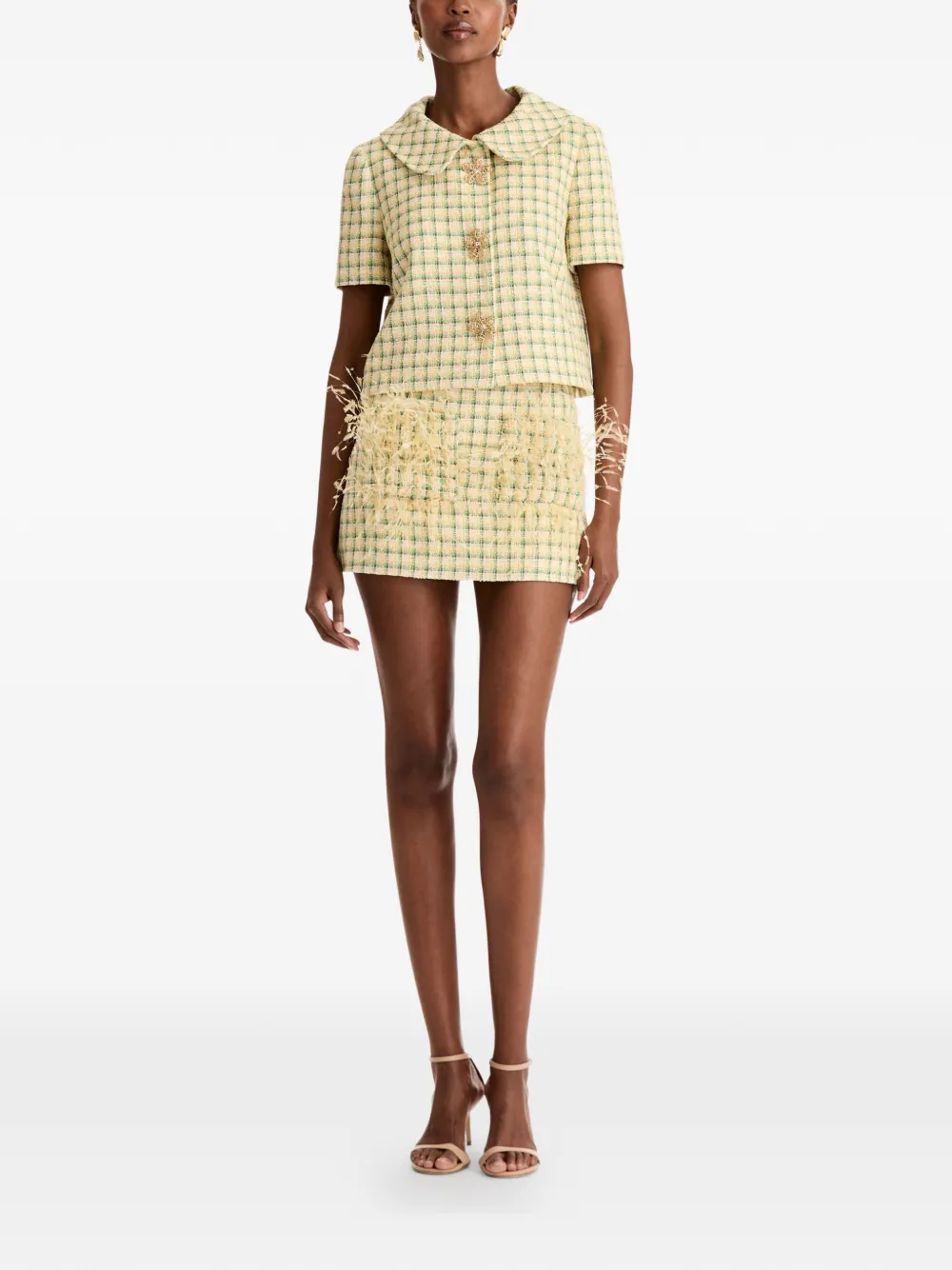  Oscar De La Renta Checked Embellished Tweed Jacket - Neutrals 