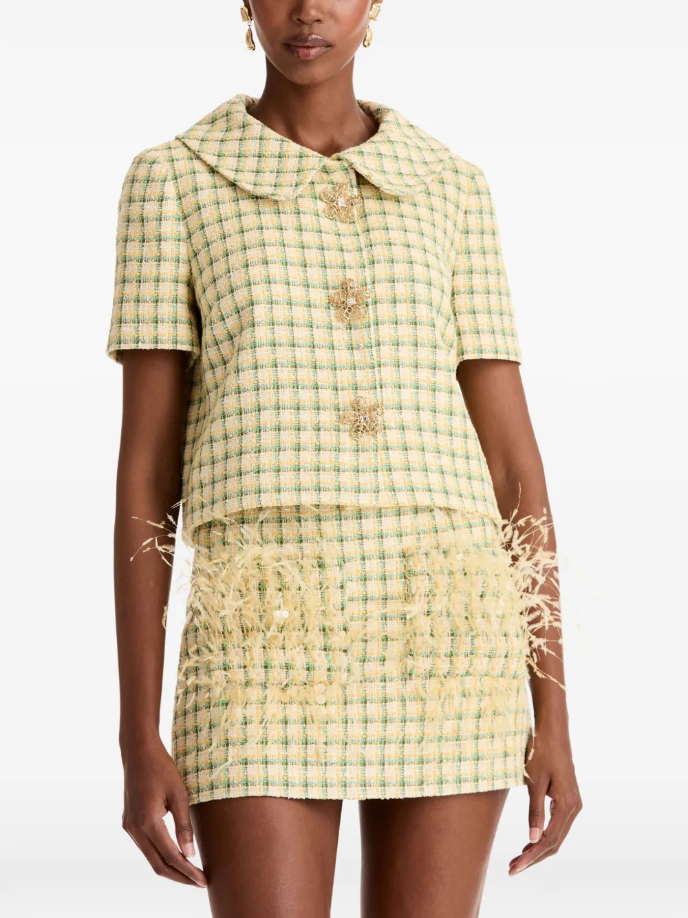  Oscar De La Renta Checked Embellished Tweed Jacket - Neutrals 