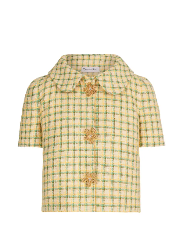 Oscar de la Renta Checked Embellished Tweed Jacket in Neutrals