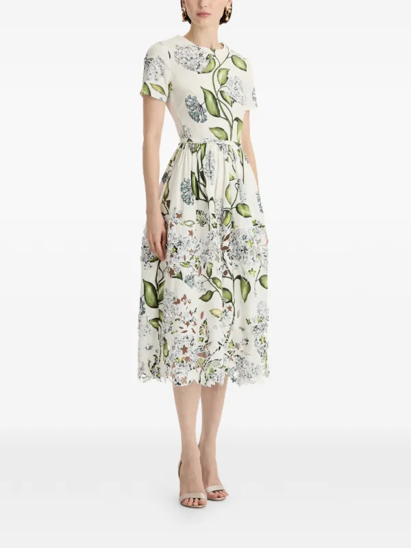 Oscar De La Renta Porcelain Flower Embroidered Cotton Poplin Dress | White  | FARFETCH