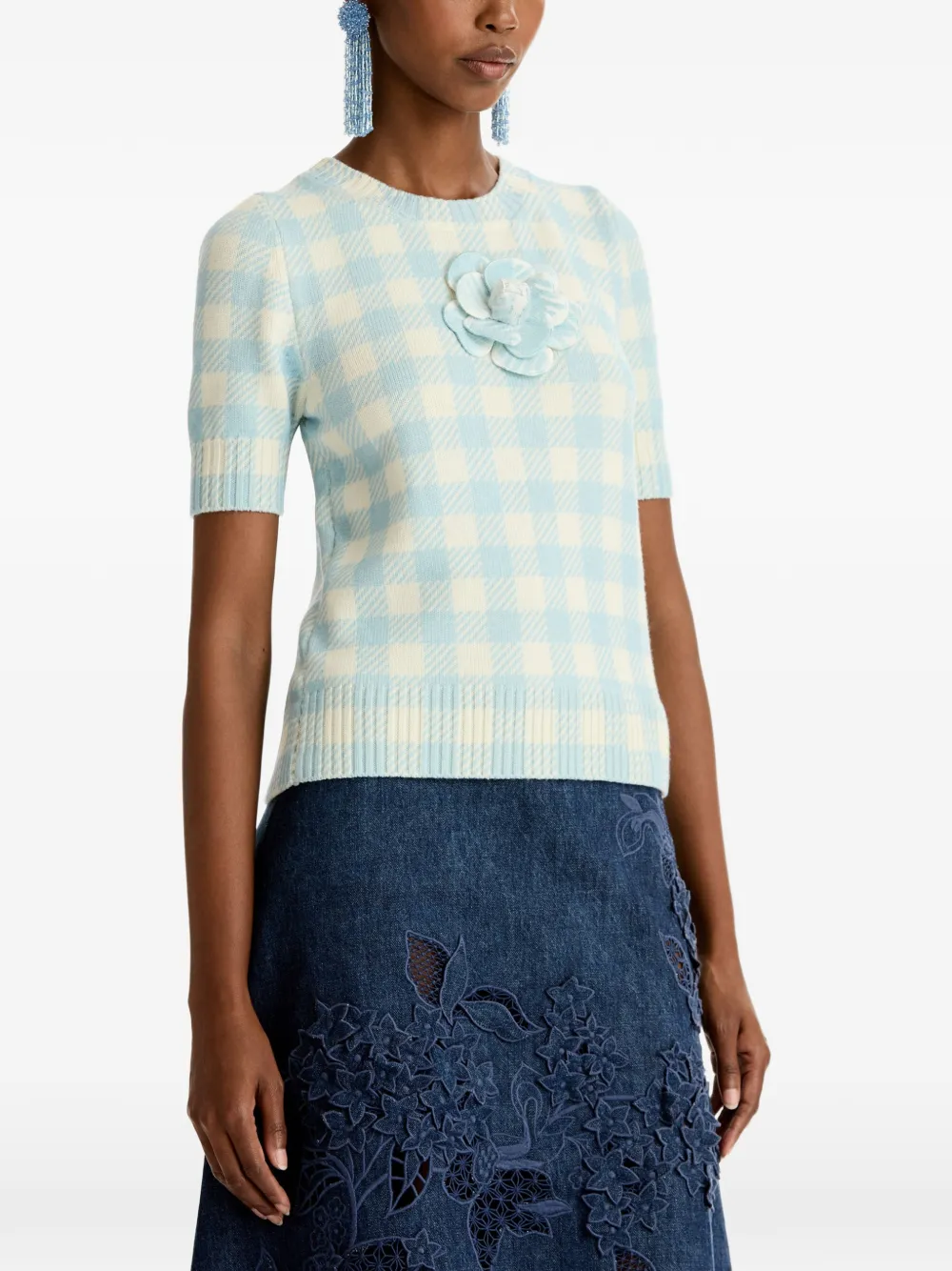 Oscar de la Renta T-shirt met gingham ruit en bloemapplicatie Blauw