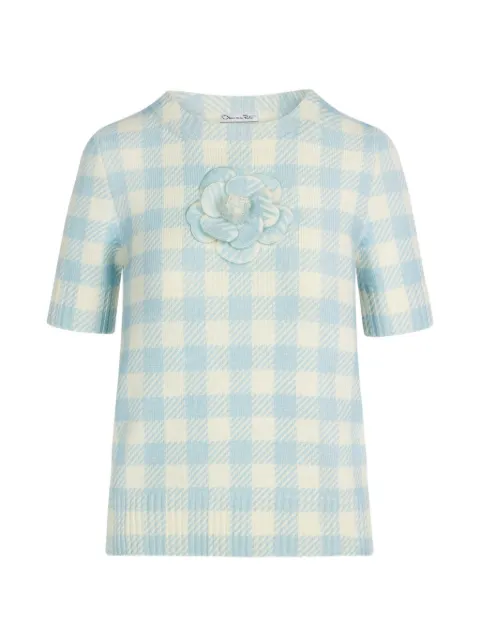 Oscar de la Renta gingham-pattern flower-appliqué T-shirt