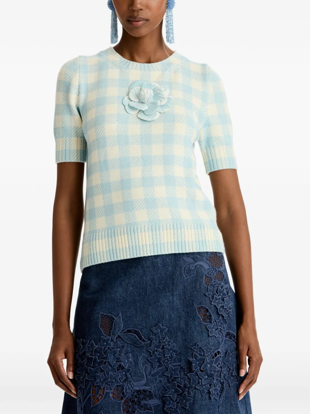 Oscar de la Renta T-shirt met gingham ruit en bloemapplicatie Blauw