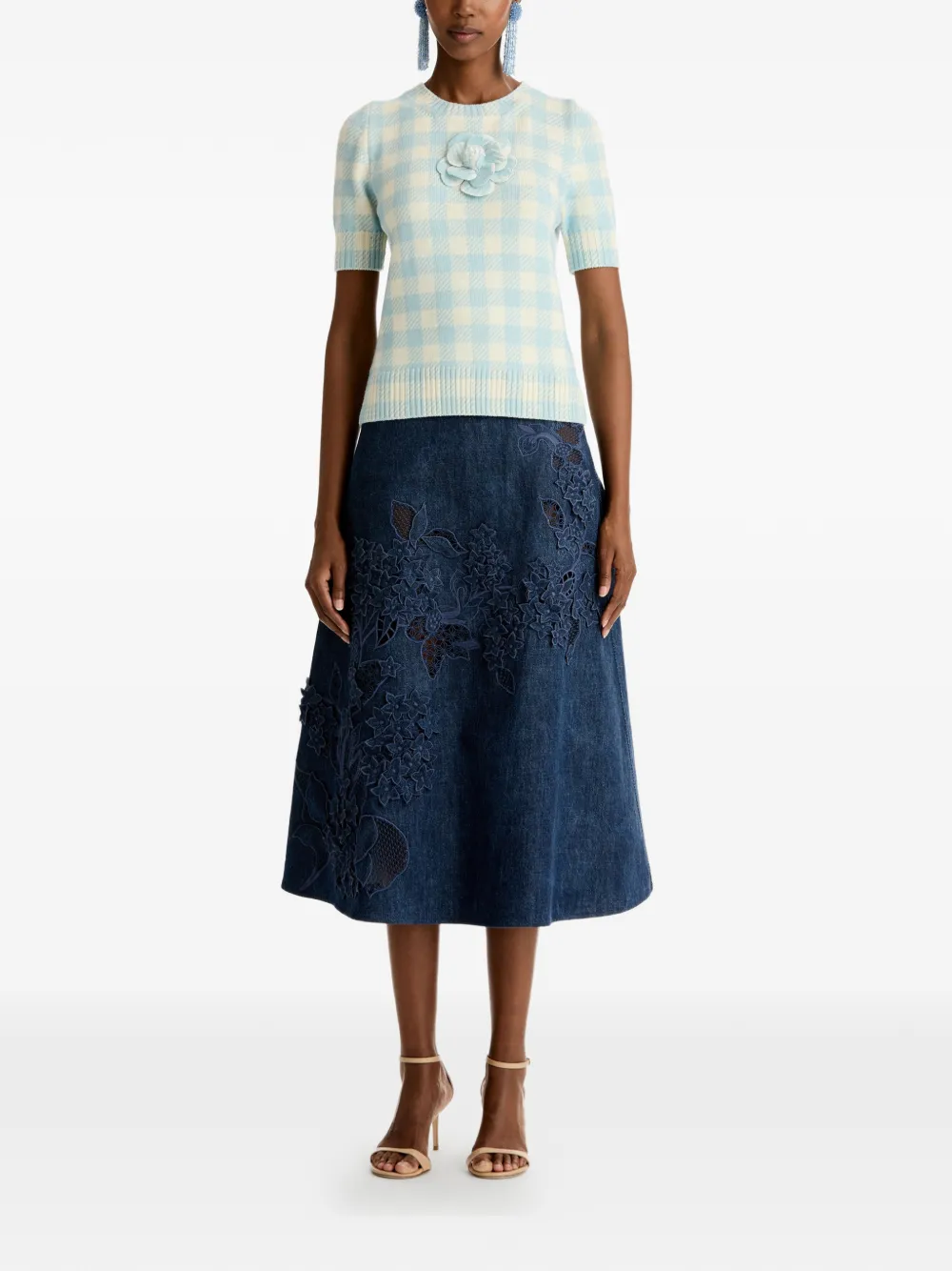 Oscar de la Renta T-shirt met gingham ruit en bloemapplicatie Blauw
