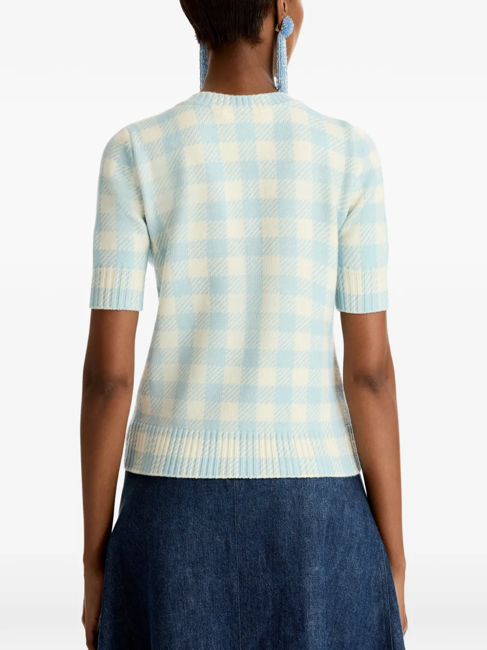 Oscar de la Renta T-shirt met gingham ruit en bloemapplicatie Blauw