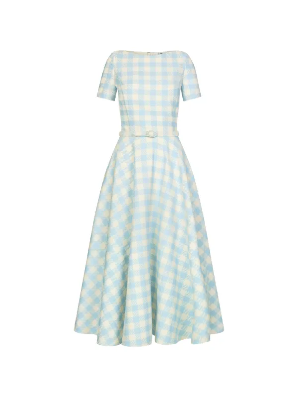 Oscar de la Renta Gingham Belted Dress in Blue