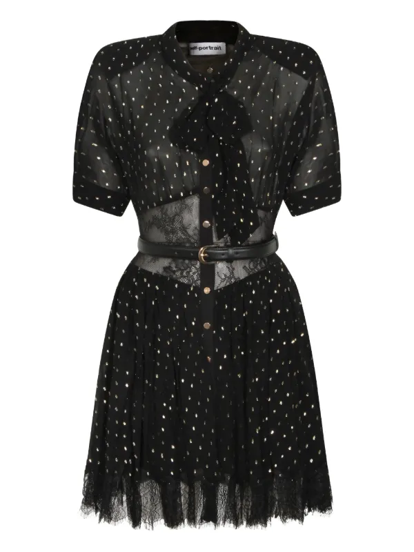 self-portrait belted lace midi-dress Belted embellished cotton-blend lace midi dress - black