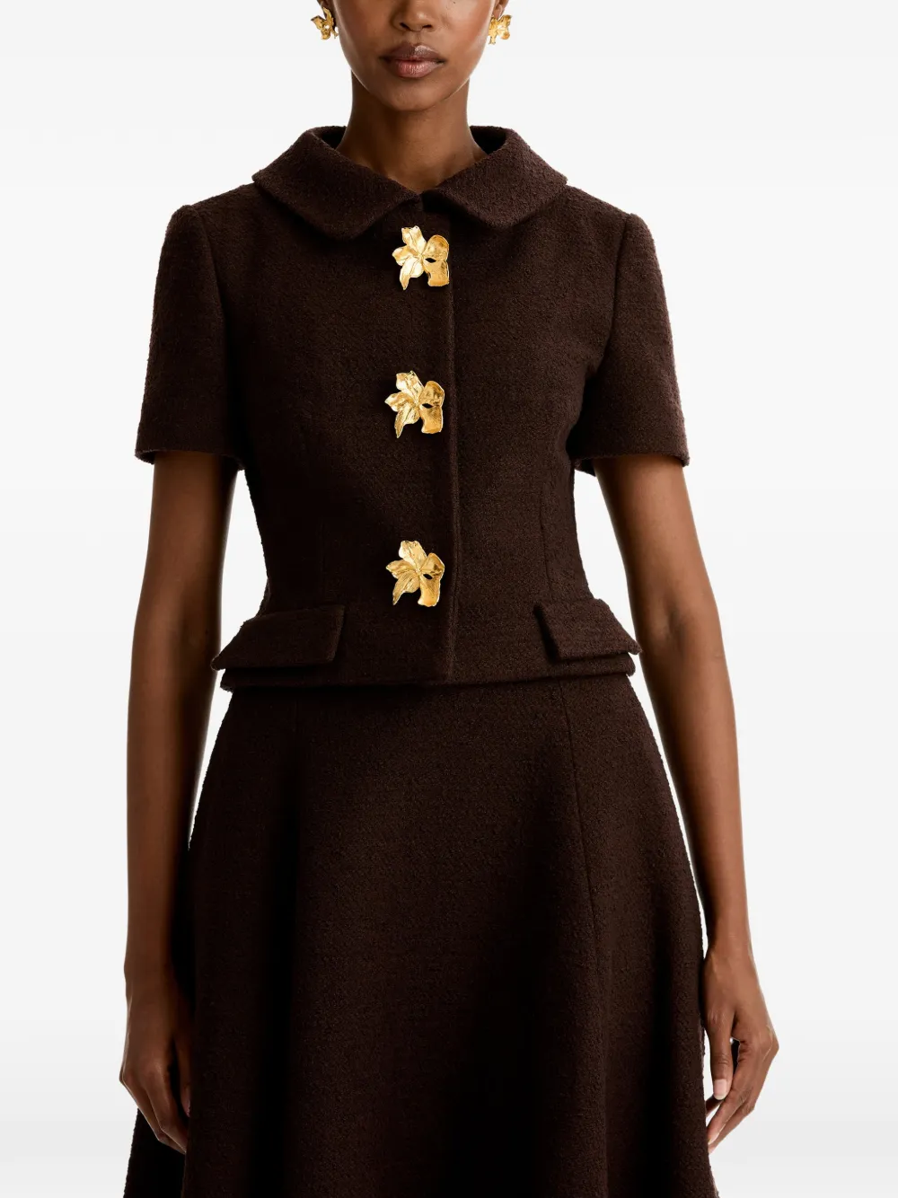 Oscar de la Renta Tweed jack met korte mouwen en knopen Bruin