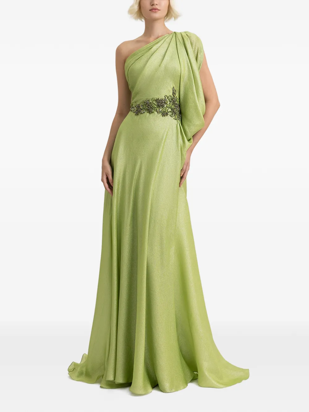 Gemy Maalouf one-shoulder beaded-waistline gown dress - Groen