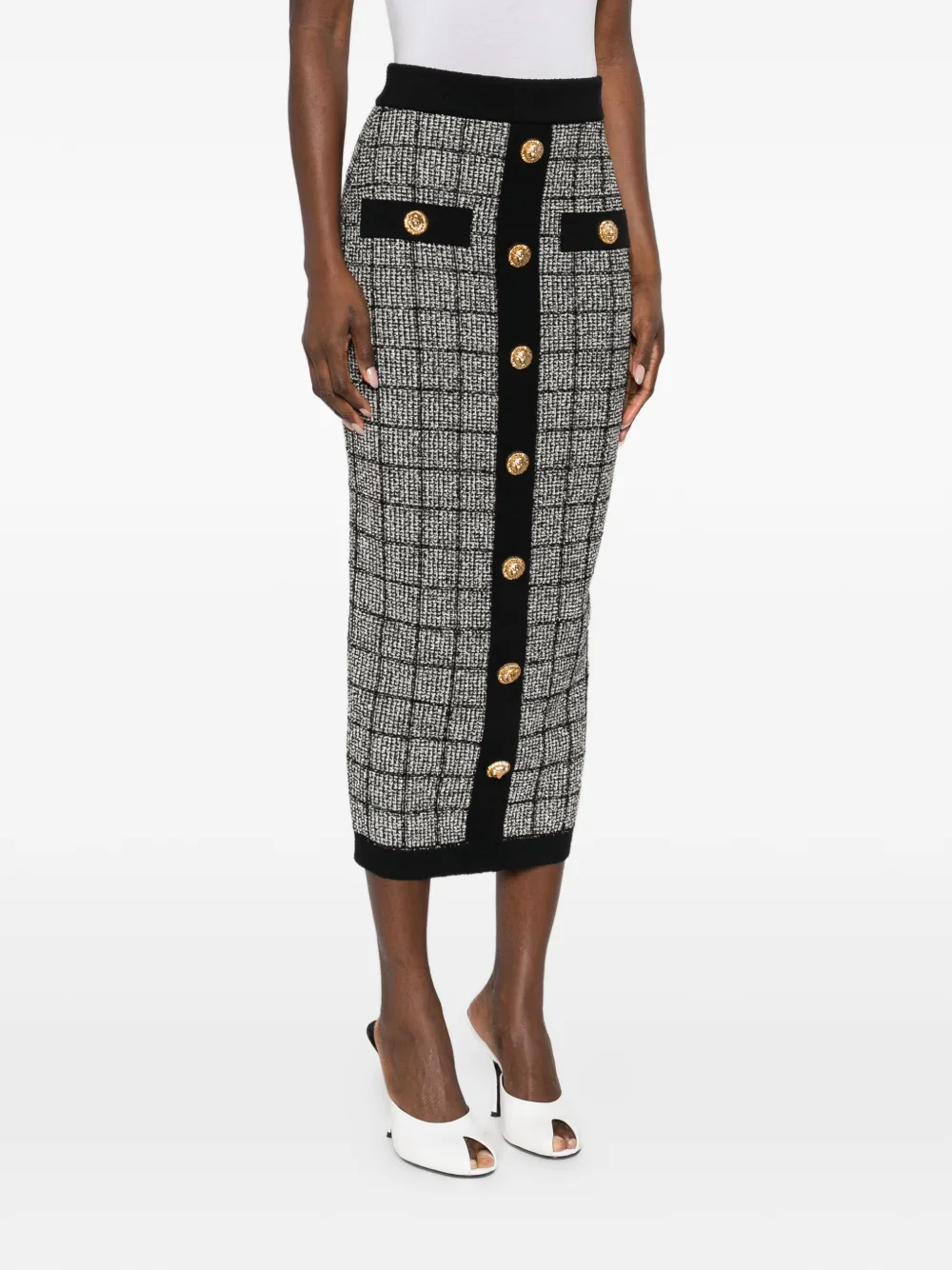  Balmain Button Check Midi Skirt - Black 