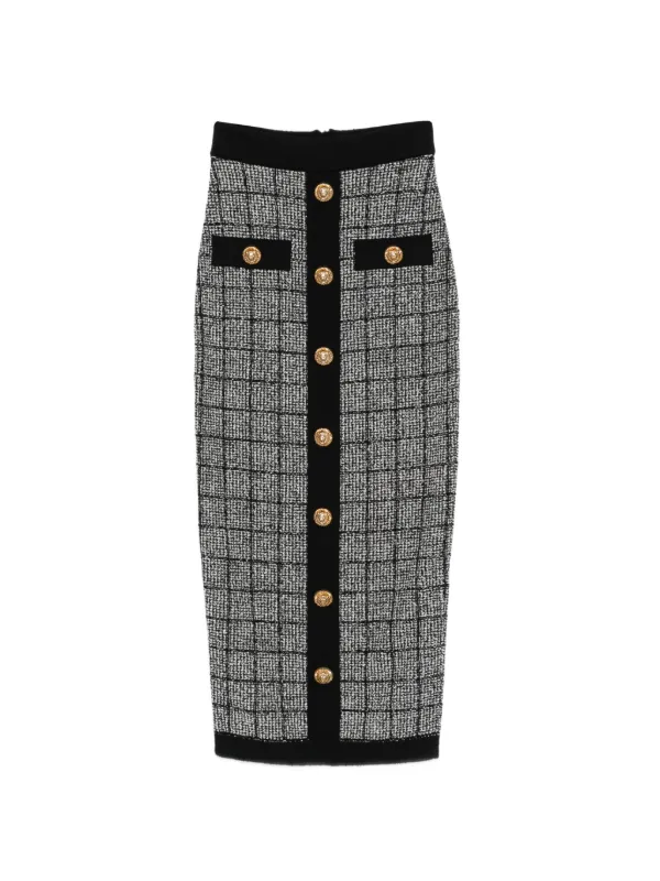 Balmain Button Check Midi Skirt in Grey
