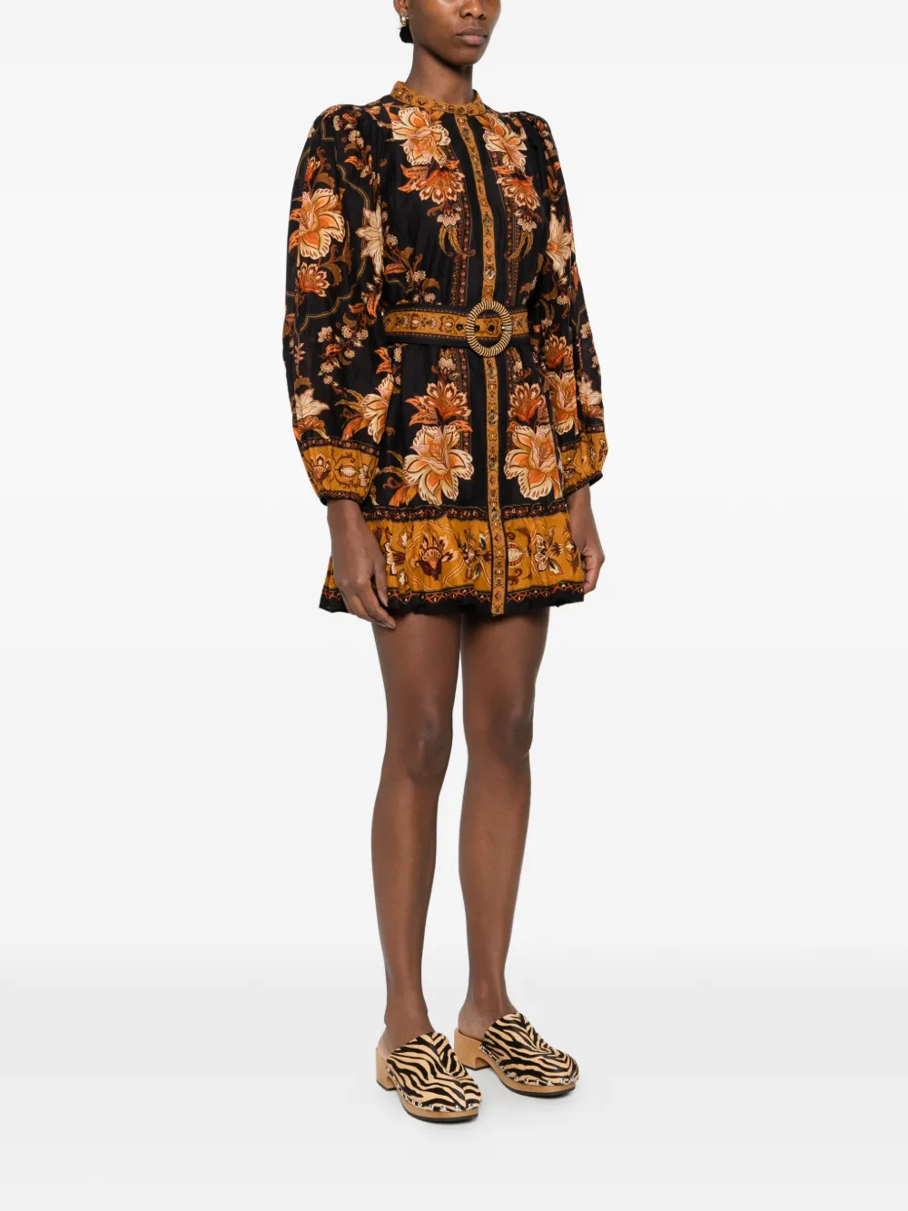 FARM Rio floral-print belted dress - Zwart