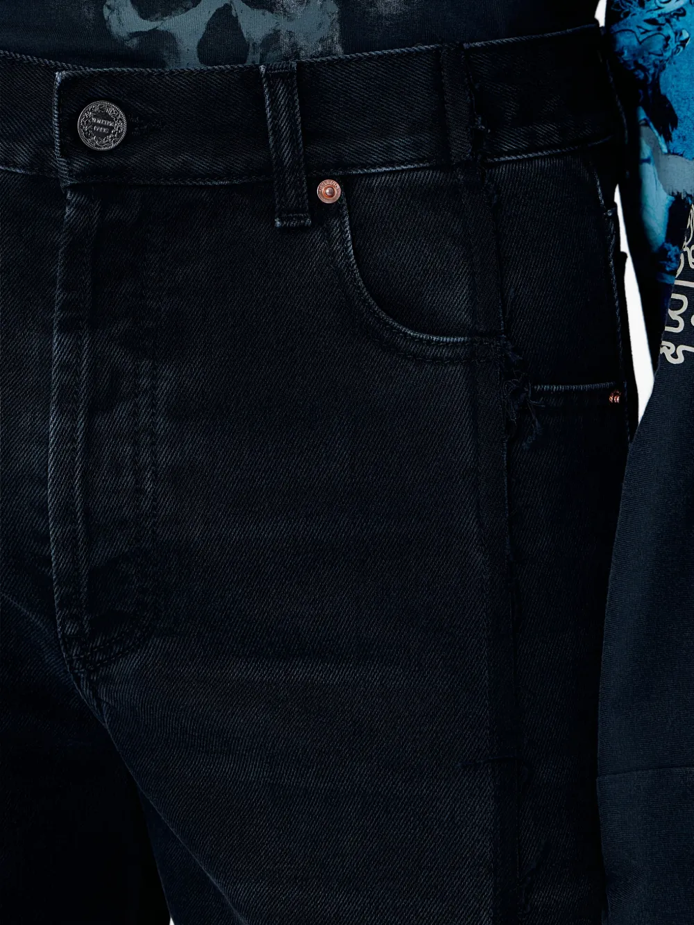 five-pocket distressed-finish jeans