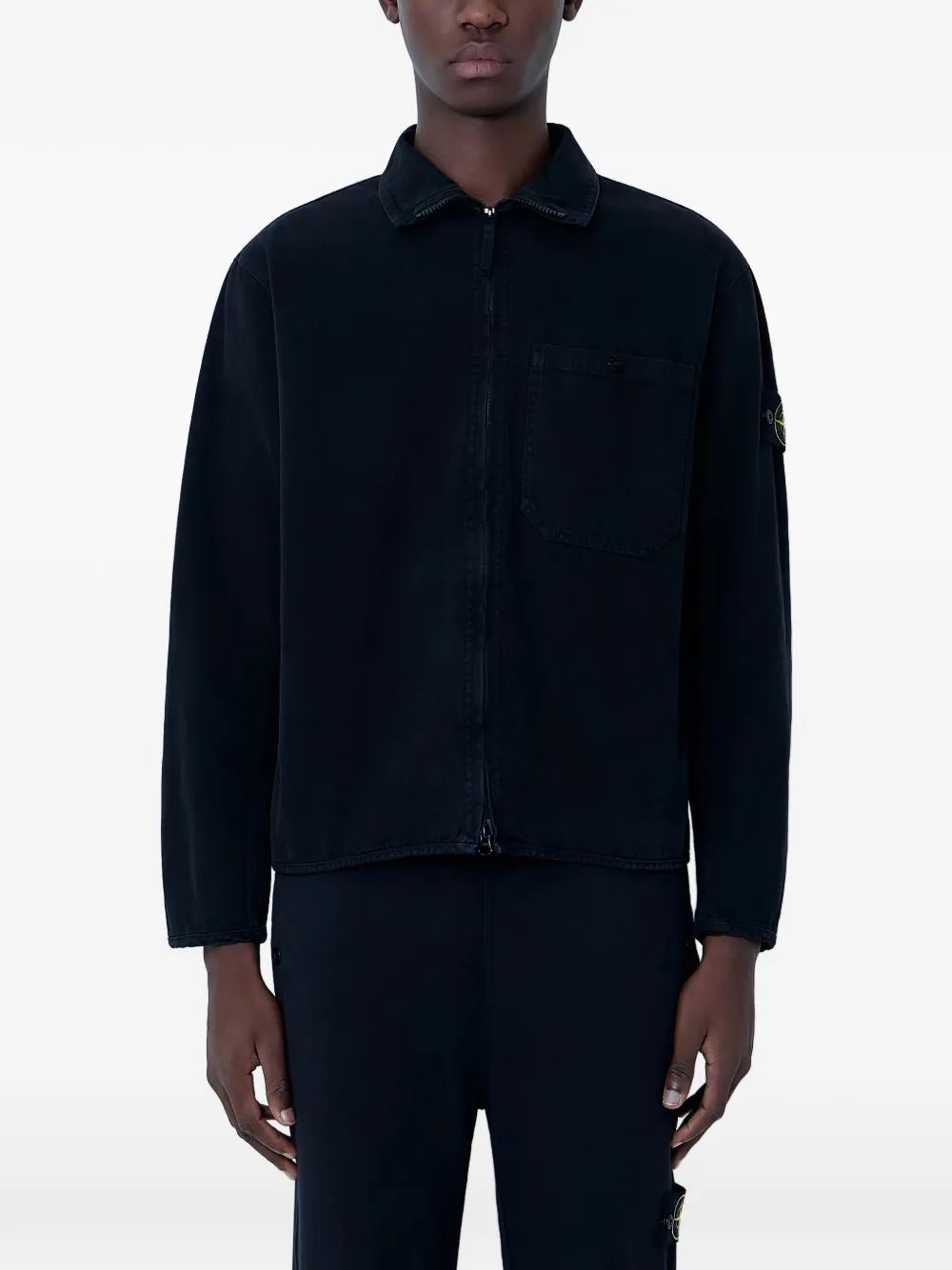 Stone Island Compass-badge Zip-up Shirt In Black