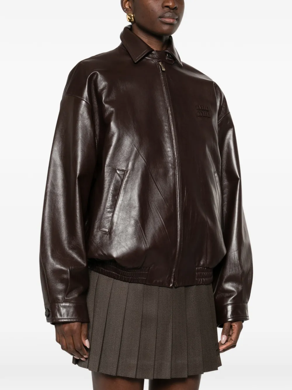 Miu Leren jack met logodetail Bruin