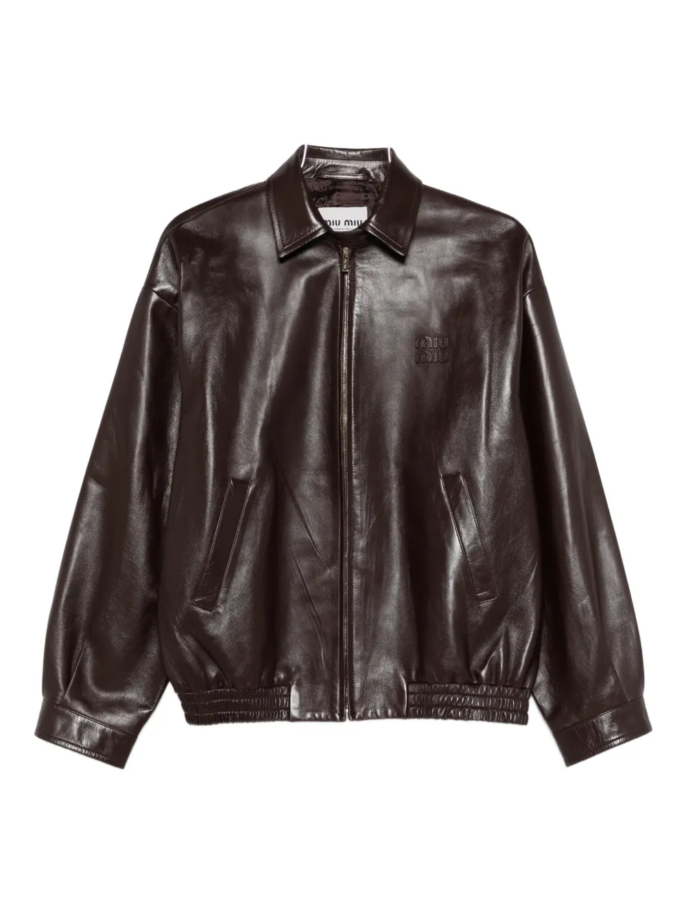 Miu Miu logo-detail leather jacket - Marrone