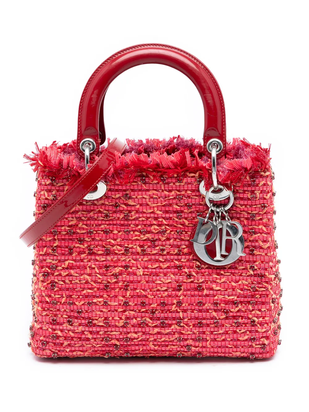 Christian Dior Pre-Owned 2012 Medium Tweed Fringe Rhinestone Lady Dior satchel - Rosso