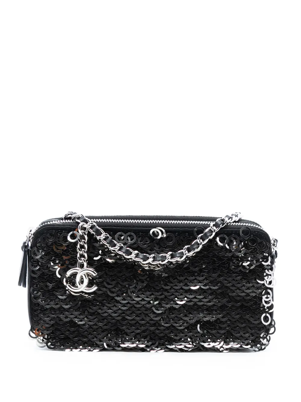 CHANEL Pre-Owned 2019 CC Calfskin and Sequin Double Zip Wallet on Chain crossbody bag - Nero
