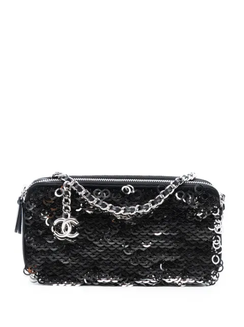CHANEL Pre-Owned 2019 CC Calfskin and Sequin Double Zip Wallet on Chain crossbody bag