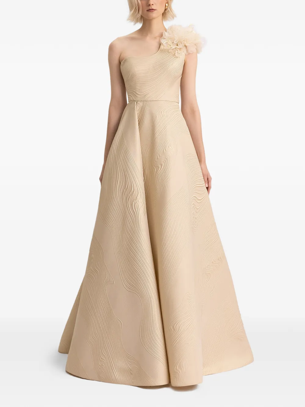 Gemy Maalouf one-shoulder 3D flowers gown - Beige